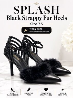SPLASH Black Strappy Caged Heels with Plush Fur Trim - Size 7.5
